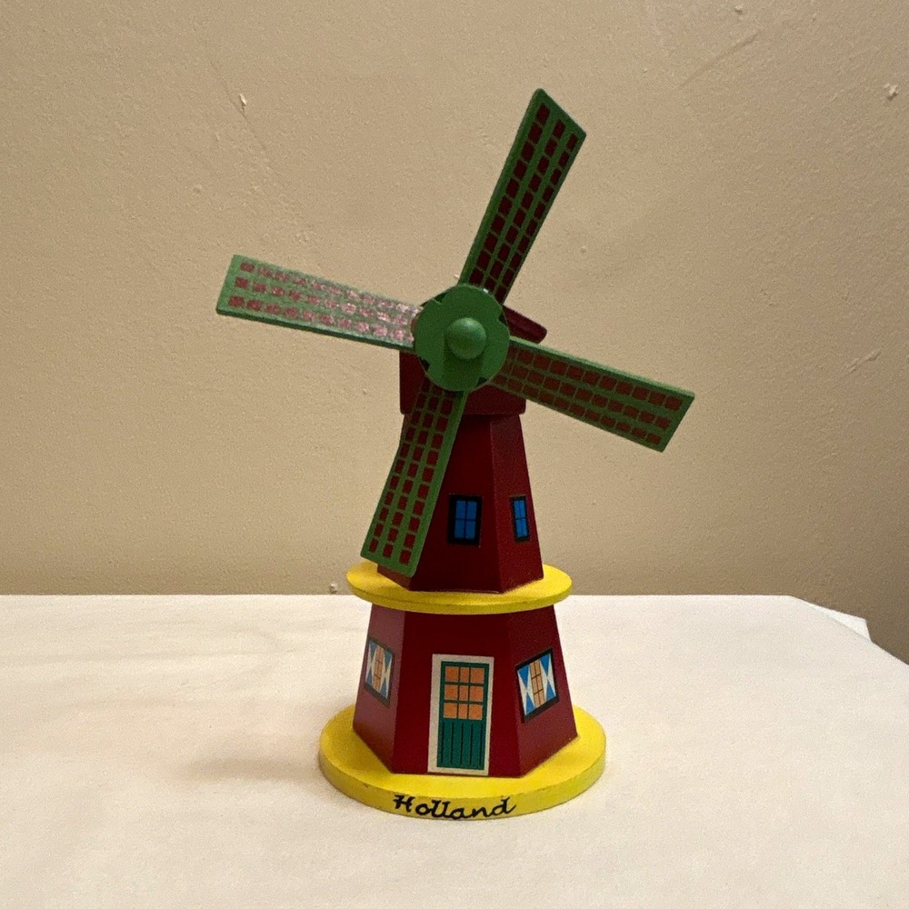 Painted Wood Holland Windmill Figurine 5 in Red Green Yellow Blue